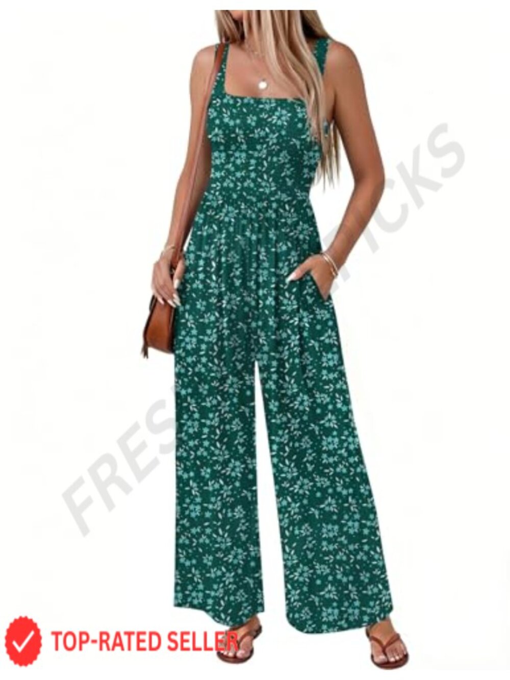 Women's Casual Loose Jumpsuit Sleeveless Printed Long Pant Romper with Pocket